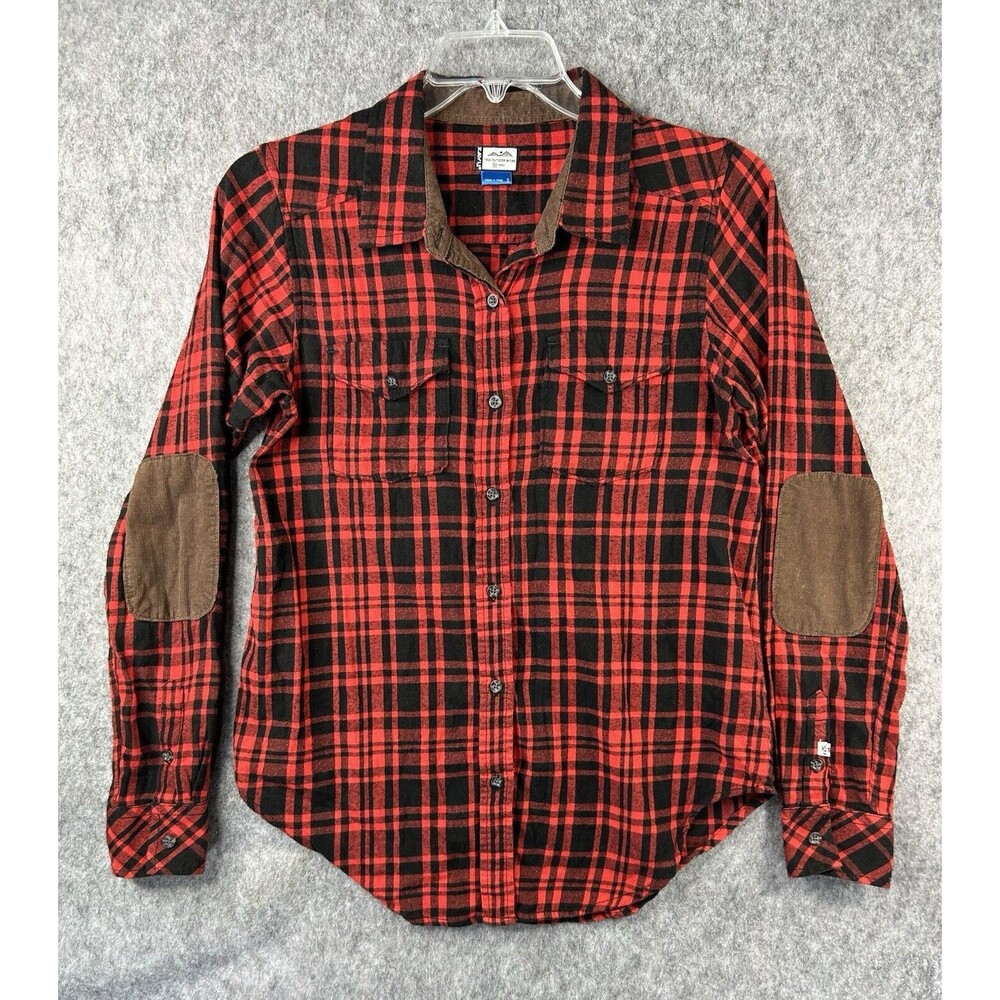 Kavu Shirt Women's Small Red Black Plaid Long Sleeve Button Up Elbow Patches